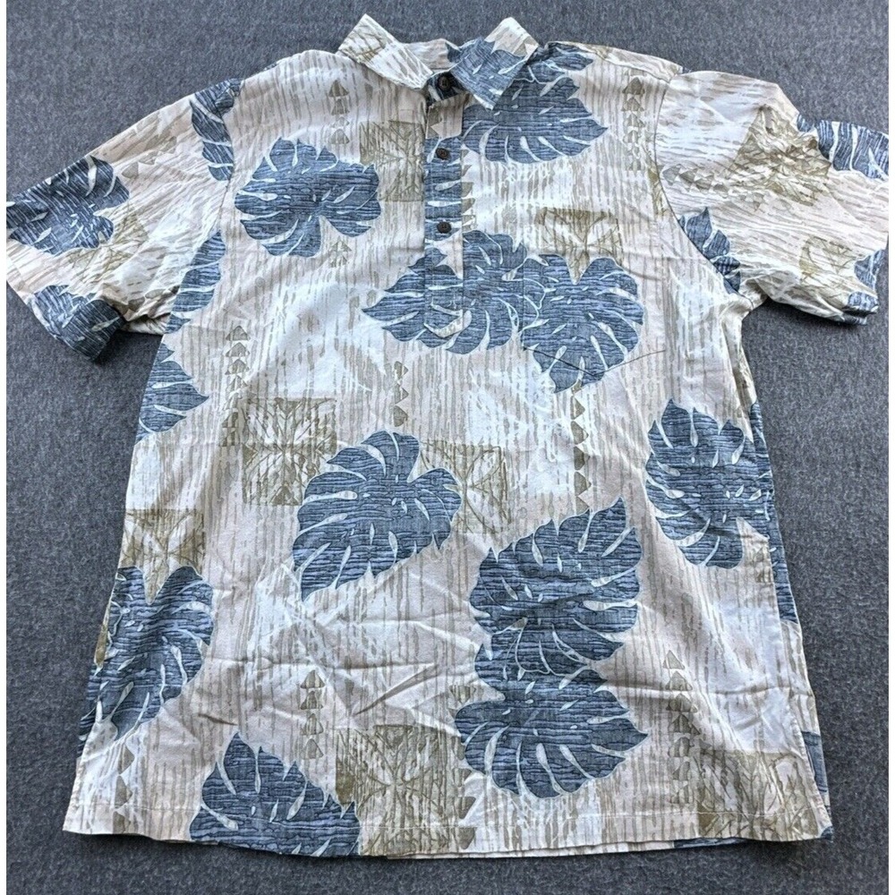 Bishop‎ St Apparel Hawaiian Shirt Mens Large Beige Blue Leaf Print Pullover